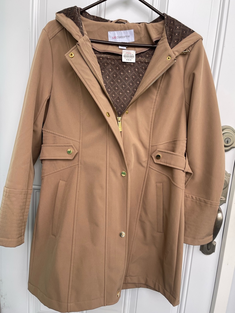 Liz Claiborne Hooded Trench Coat Gold-Tone Hardware Tan Medium NWT